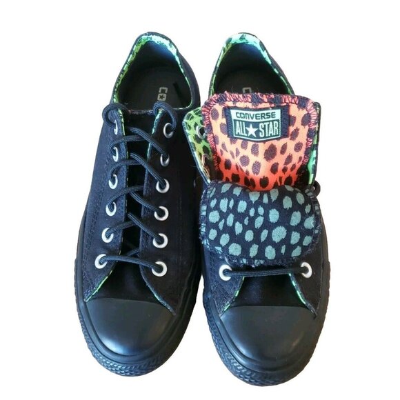 Converse All Star Chuck Taylor Sneakers Womens 9.5 Double Tongue Black Cheetah - Picture 1 of 12